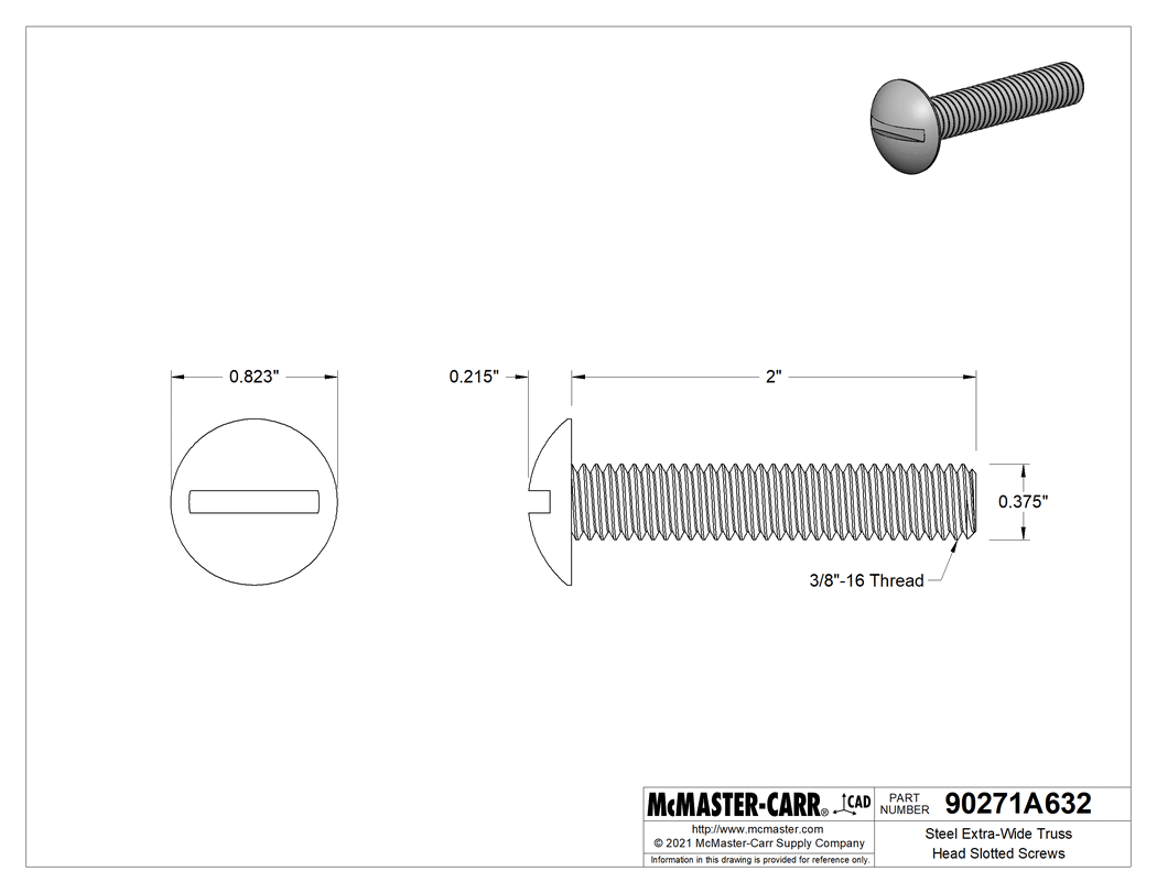 Technical Drawing of Steel Extra-Wide Truss Head Slotted Screws, Steel, 3/8"-16 Thread Size, 2" Long.